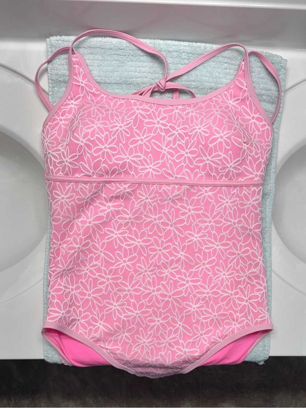 Pink Floral Lace Overlay One-Piece Swimsuit